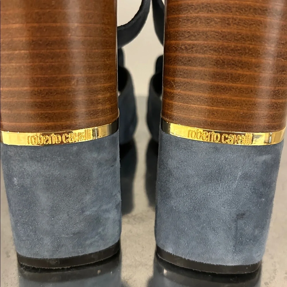 Roberto Cavalli Women's Blue Suede Block Heel Sandals - Picture 6 of 13